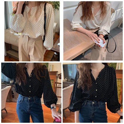 (พร้อมส่งจากไทย) เสื้อเชิ้ตคอกลมลายจุด [JJ14]