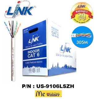 LINK (สายแลนนในอาคาร) รุ่น US-9106LSZH CAT6 UTP (305m/Box หรือ 1000ฟุต) INDOOR 23 AWG (250MHZ) (สีขาว) - ประกัน 30 ปี