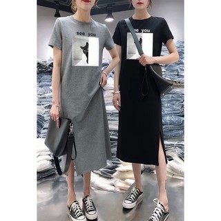 bole เดรสยาวเสื้อยืดแฟชั่นผู้หญิงสกรีนรูปแมว รุ่น 6066