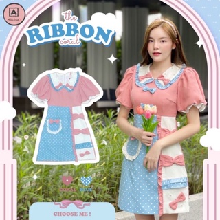 พร้อมส่ง 🎀 Aileen Size L 💙💗 The Ribbon coral มินิเดรสแขนตุ๊กตาด้านบนตัวเสื้อเป็นสีพีชหวานๆ ด้านตัวกระโปรงเล่นดีทูโทนฟ้า