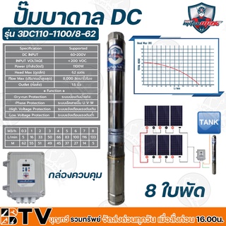 Mitsumax ปั๊มบาดาล DC 1100W บ่อ 3 นิ้ว 8 ใบพัด ดูดลึก 62 เมตร ท่อส่ง 1.5 นิ้ว ปั๊มบาดาลโซล่าเซลล์ รุ่น 3DC110-1100/8-62