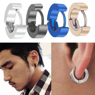 ต่างหู ตุ้มหู จิว ต่างหูผู้ชาย Punk Men Black Stainless Steel Hoop Piercing Round Earrings Neutral Earring - 1 ข้าง