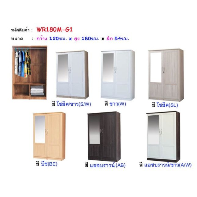 ตู้เสื้อผ้าใหญ่ มีกระจก1 บาน รุ่นWR180G1