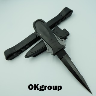 OKgroup FX006 มีดดำน้ำ อุปกรณ์ดำน้ำ มีดแทงปลา มีดใต้น้ำ สแตนเลสสตีล420ทนสนิม ยาว18.7ซม. แถมปลอกพลาสติกABS+ยางรัดขา