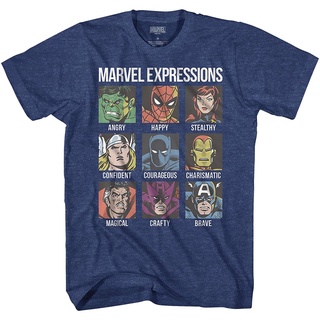 เสื้อยืดวินเทจ100%cotton เสื้อยืดคอวีผู้ชาย Avengers Expression Moods Spider-Man Hulk Thor Iron Man Black Panther Strang