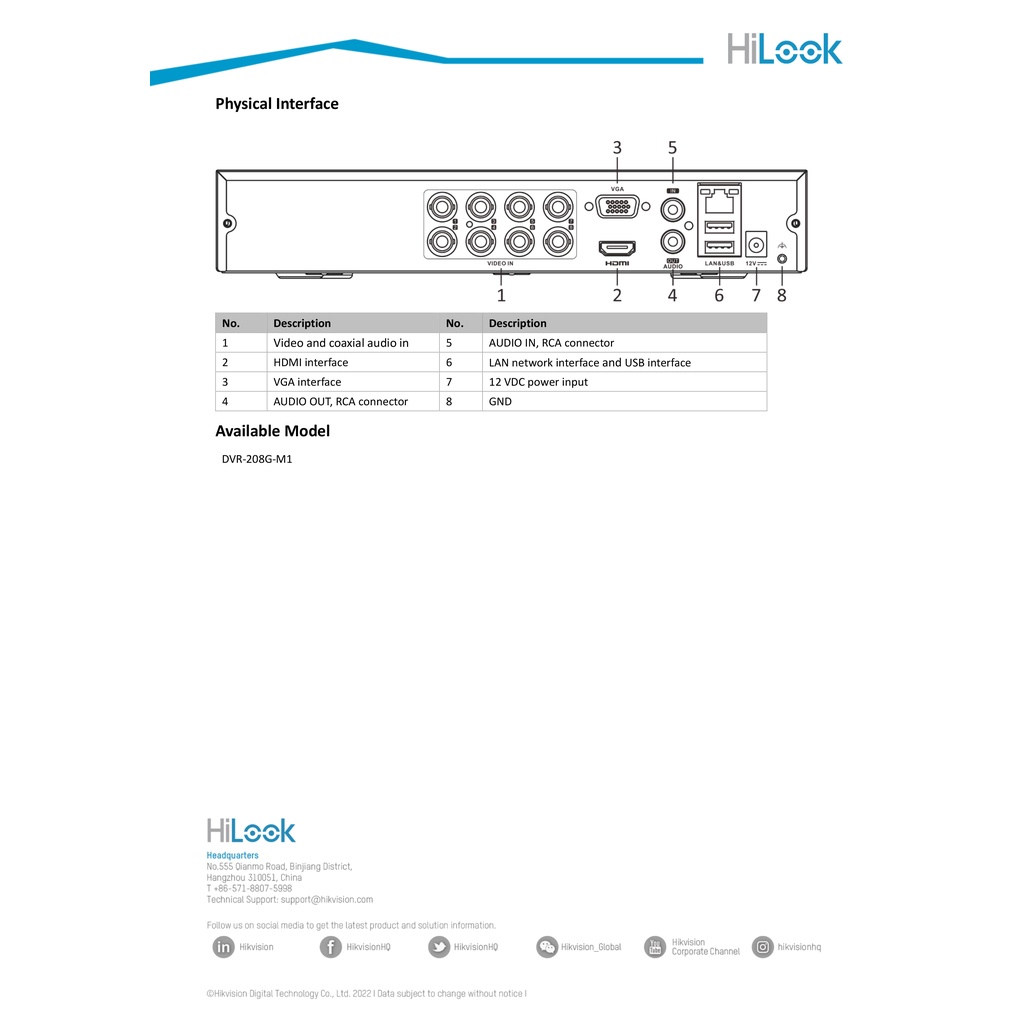 HILOOK เซ็ตกล้องวงจรปิด HD 8 CH DVR-208G-M1(C) + THC-B120-MS (2.8 mm) + อุปกรณ์ติดตั้ง #8