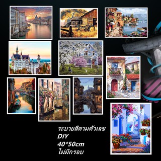 ราคาส่งไวจากไทย SHZYSZYH ภาพวาดสีน้ำมัน ระบายสีตามตัวเลข DIY รูปทิวทัศน์ ขนาด 40x50 ซม