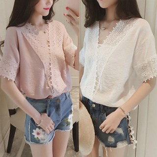 เสื้อลำลอง ผ้าชีฟอง แต่งลูกไม้ แบบกลวง สีขาว สีชมพู แฟชั่นสำหรับผู้หญิง