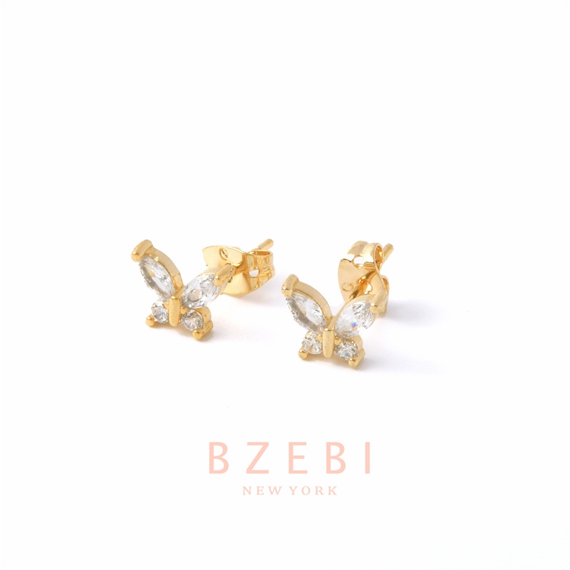 BZEBI ต่างหูทองแท้ เกาหลี เพชร สแตนเลส ผีเสื้อ ห่วง แฟชั่น ทอง เงิน จิว เพชร cz ทองคำ 18k ใส่อาบน้ำได้ ไม่ลอกไม่ดำ สําหรับผู้หญิง 204e