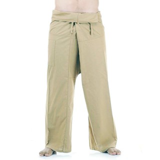 กางเกงเล ไซด์ใหญ่ ผ้าฝ้าย ขาก๊วย มีกระเป๋า พร้อมส่ง Thai Fisherman pants Big Size สีกากี