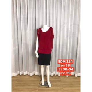 SDM224 ชุดเดรสแขนสั้น เอวจั้ม  สีแดงดำ กระโปร่งทรงดินสอ ใส่ทำงาน ชุดใส่เที่ยว ชุดใส่ ไปงาน ชุด ออฟฟิ