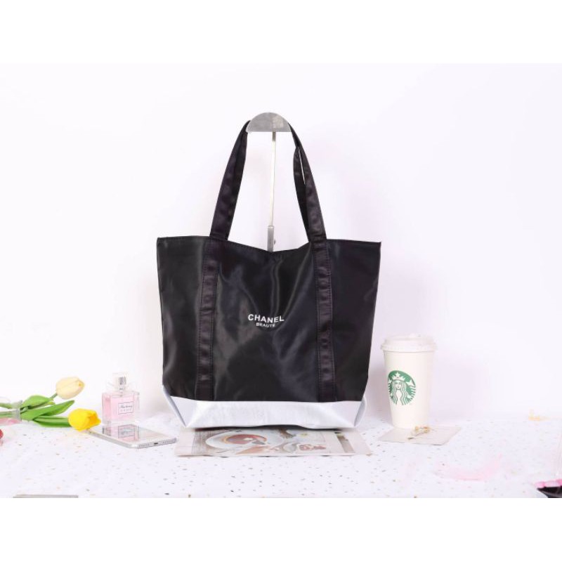 Chanel Beaute Black Satin Shopping Bag