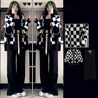 2 pcs/set women soft chessboard cardigan slim wide leg pants set two piece set