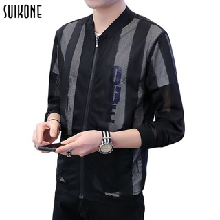 Suikone เสื้อผ้าผช แฟชั่นผู้ชายสีดำป้องกันแสงแดดบางส่วนระบายอากาศเสื้อตาข่ายเสื้อลำลองฤดูร้อน เสื้อผู้ชาย