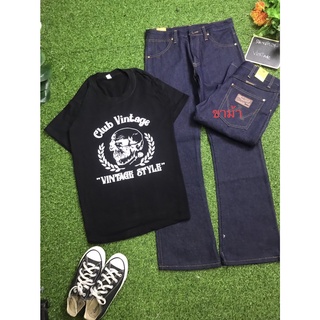 เสื้อยืด เสื้อคอกลม กางเกงขาม้า ลายวินเทจ ผู้หญิงใส่ได้ ผู้ชายใส่เท่ห์