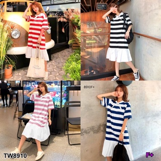 👗Pfashion [ส่งไว!!🚛] P8910  	เดรสทรงโอเวอร์ไซส์ ลายริ้วชายระบายคอเดรสแต่งโบว์  Oversized dress Striped mens s