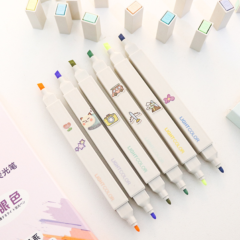 6 ชิ้นในกล่อง ปากกาเน้นข้อความสีสองหัว เครื่องหมายสีสำหรับบันทึกของนักเรียน เครื่องเขียนนักเรียนสร้างสรรค์ DIY