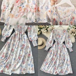ชุดเดรส ผ้า silk italy พิมลายดอก สม๊อกหน้าและปลายแขน