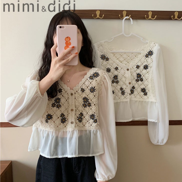 mimi&didi 612 เสื้อครอป ท็อป ผ้าถักงานปักดอกทานตะวันเสื้อซีทรูตะมุตะมิน่ารักมากๆ เสื้อชีฟองปักลาย