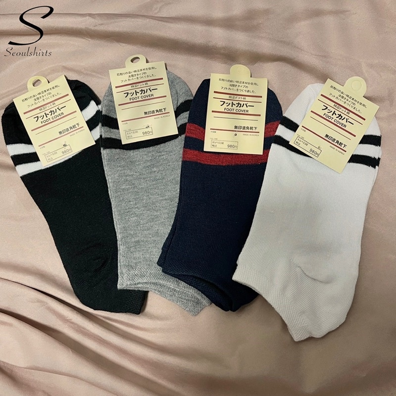 พร้อมส่ง! ถุงเท้าข้อสั้น ป้ายญี่ปุ่น ลายขีดสองเส้น ทนทาน ซักได้หลายครั้ง SO06