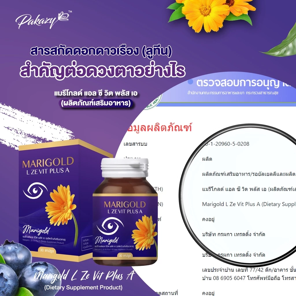 Pakazy Marigold L Ze Vit Plus A (แมรีโกลด์ แอล ซีวิต พลัส เอ) วิตามินบำรุงสายตา 30 แคปซูล thumbnail 10