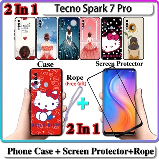 2 IN 1 เคส Tecno Spark 7 Pro พร้อมกระจกนิรภัยกันรอยหน้าจอโค้ง เซรามิค สําหรับเด็กผู้หญิง และคิตตี้