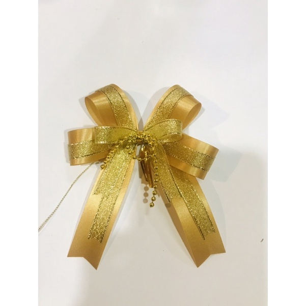ริบบิ้นสำเร็จโบ ผ้าต่วน พร้อมส่งขนาด 9*12 เซนติเมตร คาดทรายทอง