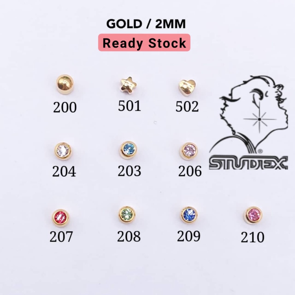 สตั๊ด เจาะหูสแตนเลสเกรดทางการแพทย์ไม่แพ้ 1 คู่ 2 มม./ทอง