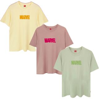 Marvel Men&Women logo Flock Print T-Shirt - เสื้อมาร์เวลผู้ชายพิมพ์กำมะหยี่ ผ้า Cotton 100% สินค้าลิขสิทธ์แท้100% characters studio