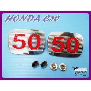 HONDA C50 SIDE COVER LOGO "ALUMINIUM" LH&amp;RH SET // โลโก้ฝากระเป็าข้าง HONDA C50 อลูมิเนียม อักษรสีแดง สินค้าคุณภาพดี