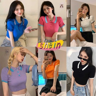 Shein🔥 *พร้อมส่ง* เสื้อครอปไหมพรม สีสันสด แขนสั้นใส่สวยใส่สบายเลิศๆ 5935