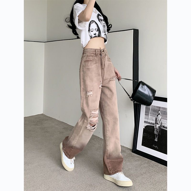 S-2XL อเมริกันย้อนยุคขนาดใหญ่ฉีกกางเกงยีนส์ขาตรงสีน้ำตาลฤดูร้อนใหม่เอวสูงบาง ins กางเกงขากว้าง