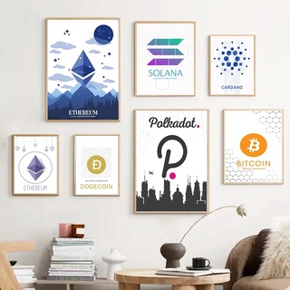 โปสเตอร์ภาพวาดผ้าใบ ไร้กรอบ ลาย Bitcoin Ethereum Cardano Cryptocurrency สไตล์นอร์ดิก สําหรับตกแต่งผนังห้องนั่งเล่น