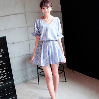 CLEARANCE! ชุดเดรสสั้น แฟชั่นโบฮีเมี่ยน แขนทรงผีเสื้อ สีฟ้า dress f243