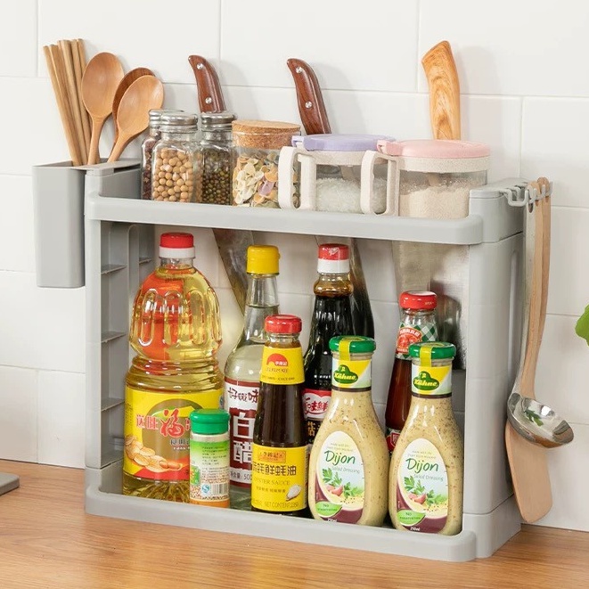 ชั้นวางของอเนกประสงค์ เครื่องปรุงรส อุปกรณ์ภายในห้องครัว พร้อมตะขอและกระบอกตะเกียบ