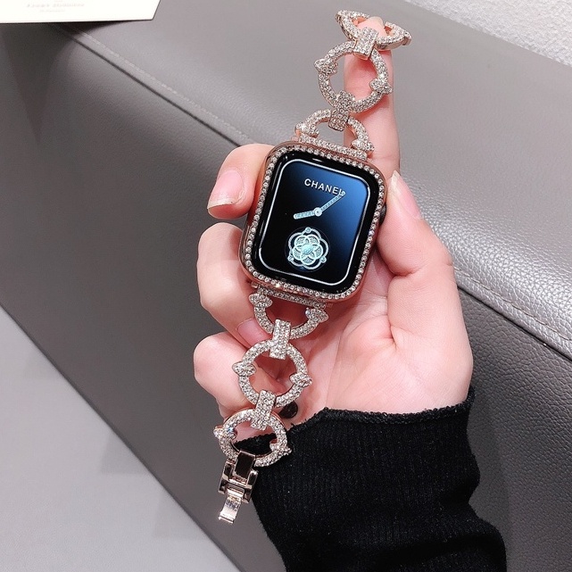 โลหะหรูหราสําหรับ iwatch serise 10 9 8 7 6 SE 5 4 3 2 1 O-shaped rhinestone โซ่โลหะสําหรับ iwatch ba