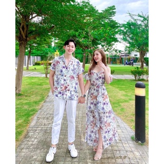 ขุดคู่รัก Couple Set เสื้อเชิ้ตแขนสั้น + สายเดี่ยวตัวยาว แต่งแขน ช่วงเอวเข้ารูป ผ่าปลายกระโปรงด้านหน้าแต่งระบาย