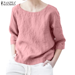 Zanzea เสื้อเบลาส์ คอกลม แขน 3/4 ลําลอง ทรงหลวม สีพื้น สําหรับผู้หญิง