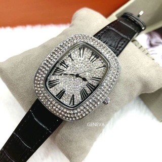 GENEVE รุ่น 8035-TY หน้าปัดสีเงิน หน้าปัดเพชร สายหนัง สีดำ นาฬิกาผู้หญิง