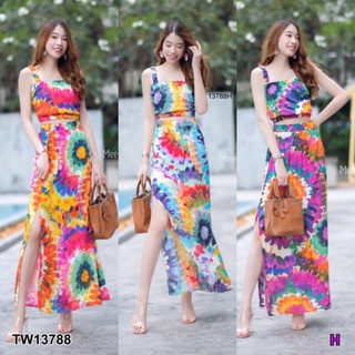 TW13788  Set 2 ชิ้น เสื้อมัดย้อมสายเดี่ยว สายรูดย่นเอวจั๊ม มาพร้อมกระโปรงผ่าข้าง