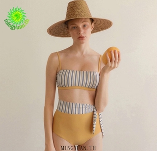 ( Mingyuan )New sweet split high waist swimsuit contrast color striped hot spring swimsuit