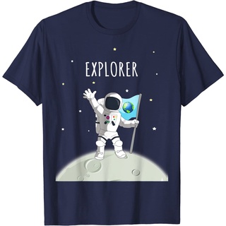 เสื้อยืดผ้าฝ้ายพรีเมี่ยม เสื้อยืด พิมพ์ลายนักบินอวกาศ Explorer  | เสื้อยืด ลายดวงจันทร์อวกาศ