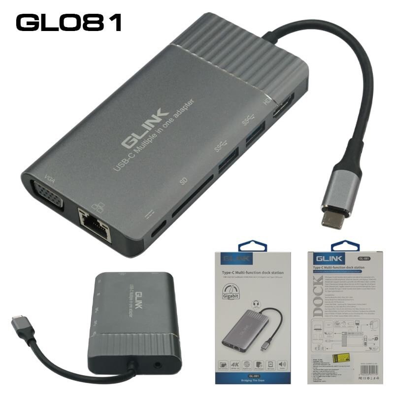 SALE GLINK GL-081 TYPE-C Muti-function Dock Station(HDMI/VGA/USB3.0/SD/LAN/AUX3.5mm/PD Charger) #คำค้นหาเพิ่มเติม คีย์บอร์ดเกมมิ่ง Keybord EGA RGB USB เข้าสายตัวเมีย DisplayPort