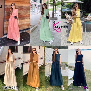 Maxidress แขนกุดเว้าเอวด้านหน้าผ้าลินินสวย