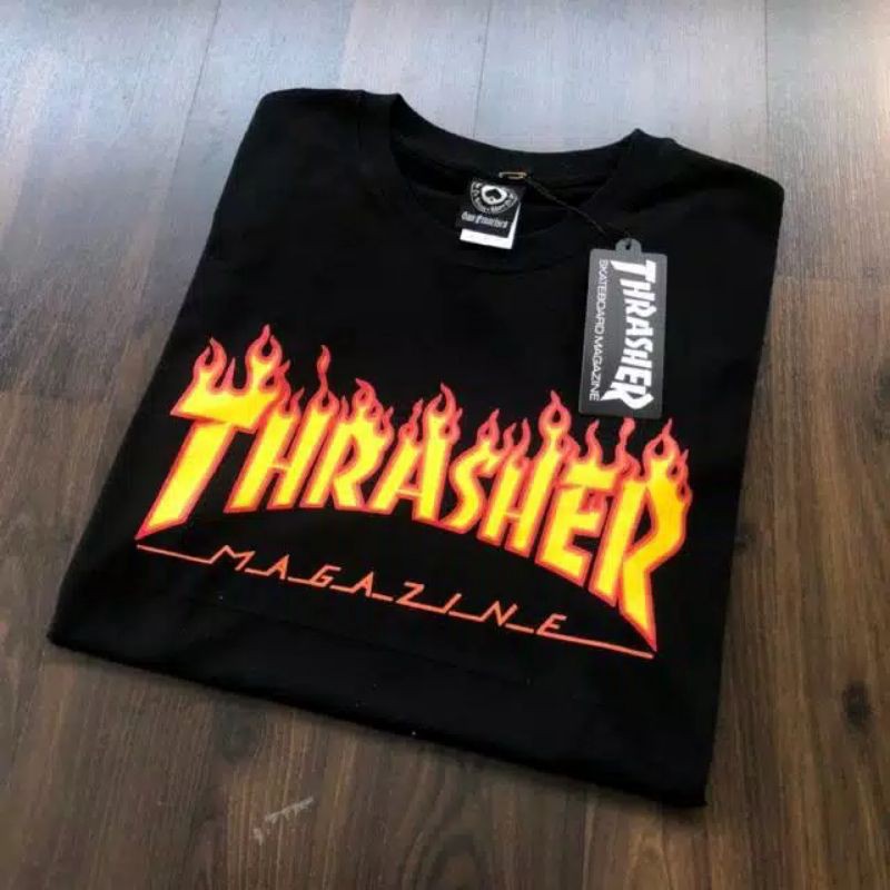 เสื้อยืดพรีเมี่ยม พิมพ์ลายนิตยสาร Thrasher | เสื้อเชิ้ต ลายเปลวไฟ สีดํา และสีขาว