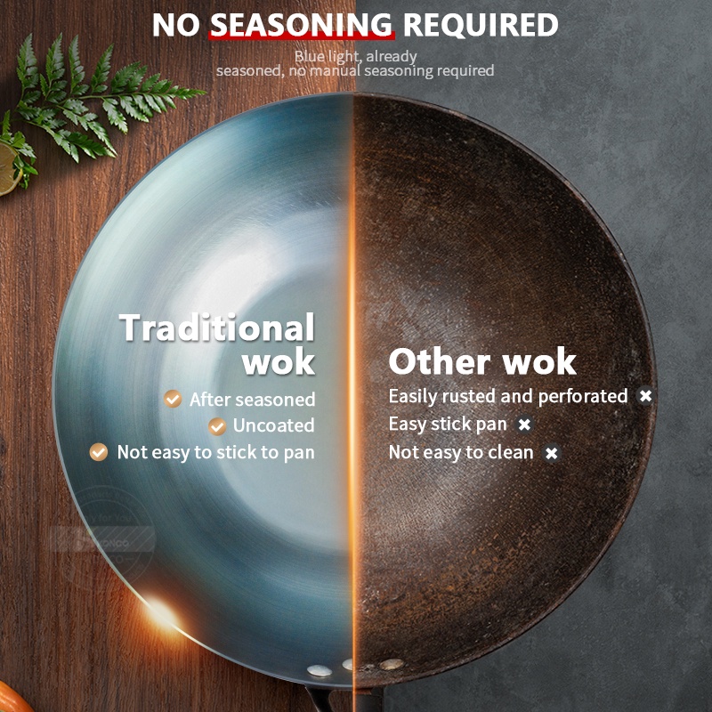 ◕30-34cm Chinese Traditional Iron Wok Handmade Large Wok with Wooden Handle Frying Pan Non-stick Wok Gas Cooker Kitchen