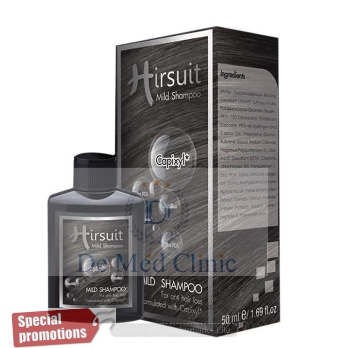 Hirsuit Mild Shampoo 50ml เฮอร์ซูทมายด์แชมพูสูตรอ่อนโยน ดูแลผมร่วง ผมบาง ปลูกผม พิเศษ ปกติ 500฿ DeMe
