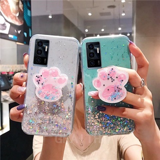 เคสโทรศัพท์ Vivo V23e 5G Y15s 2021 V21 Y33s Y21 X70 Pro Y72 Y52 Y12A Y12s Y20sG Y20s Y20 Phone Case Casing Transparent Bling Soft Cover with Lovely Cat Claw Bracket Stand Holder เคส VIVOY15s VIVOV23E