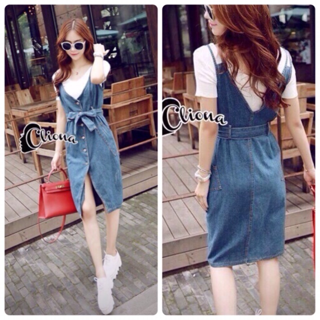 Cliona made' Sandra White Shirt + Denim Dress Overalls Set - Denim Dress