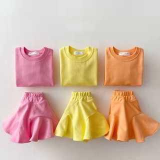 เสื้อท็อปส์ สีแคนดี้ พร้อมกระโปรง แฟชั่นฤดูร้อน สําหรับเด็กผู้หญิง